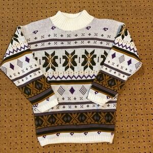 Vintage 90s Croquet Club Vintage Small White Brown Green Knit Sweater Fair Isle‎